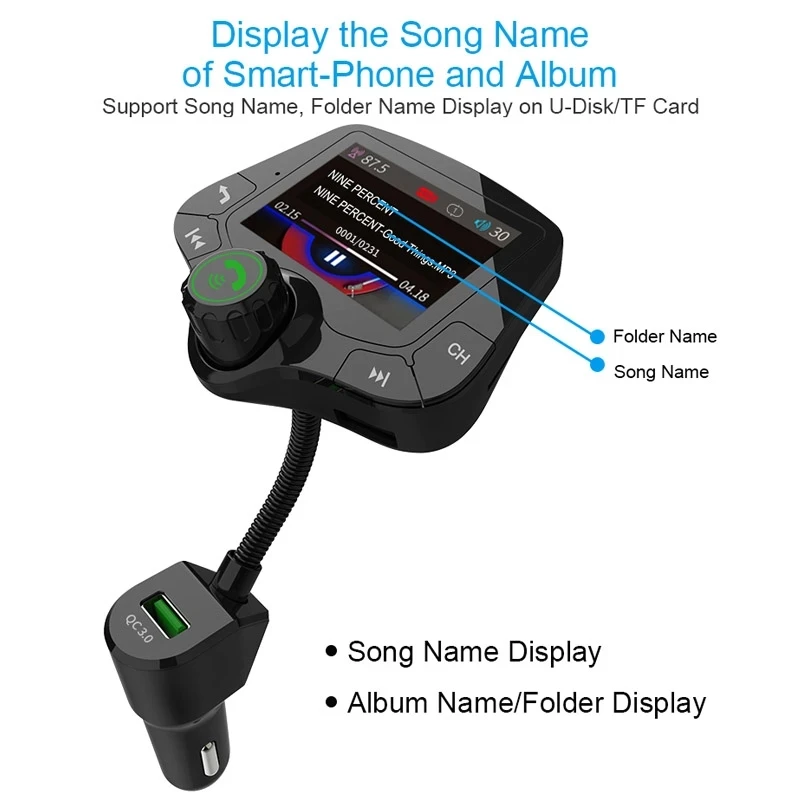 Bluetooth 5.0 Car Kit Handsfree FM Transmitter AUX Audio Receiver Car MP3 Player QC3.0 Quick Charge FM Modulator