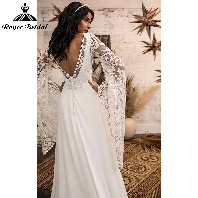 A Line Boho Wedding Dresses with Back Buttons Backless V Shape Back Lace Long Flare Sleeve Scoop Neck robe de mariée Beach 2022