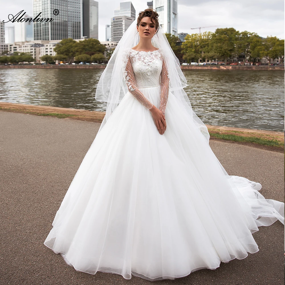 

Alonlivn Elegant Tulle Unique Lace Beading Pearls A-Line Wedding Dresses 3D Flowers Full Sleeves Tiered Organza Bride Skirts