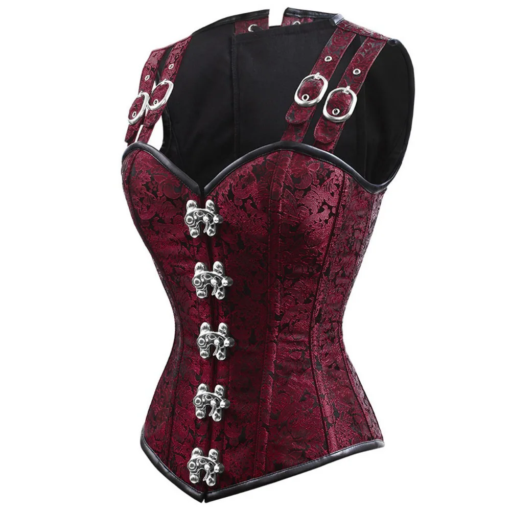 Steampunk Corsets And Bustiers Red Brocade Sexy Cupless Vest Corset Slimming Gothic Waist Corsage Corselet Steel Boned Corsets