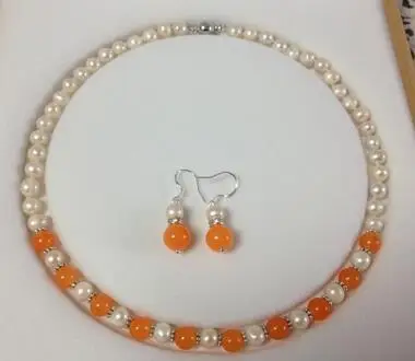 

Jewelry Pearl Set Wonderful! 7-8mm White Pearl Orange Jade Necklace Earring Set 18"