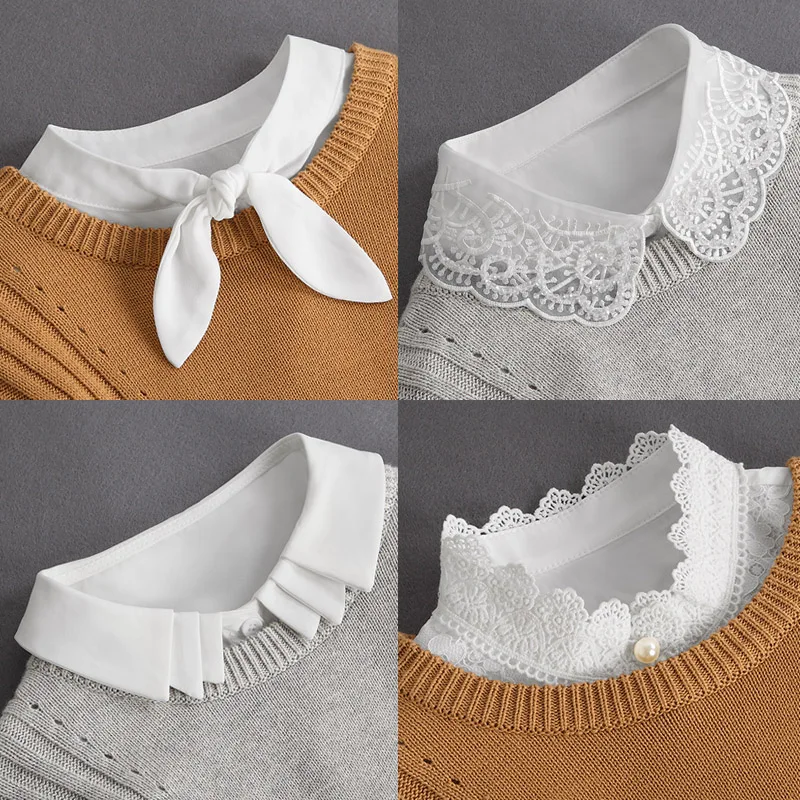 Front Tie White Fake Collar Stand Beads Detachable Collar Fake Women Vintage Crystal Lace Ladies False Blouse Collar Half Shirt