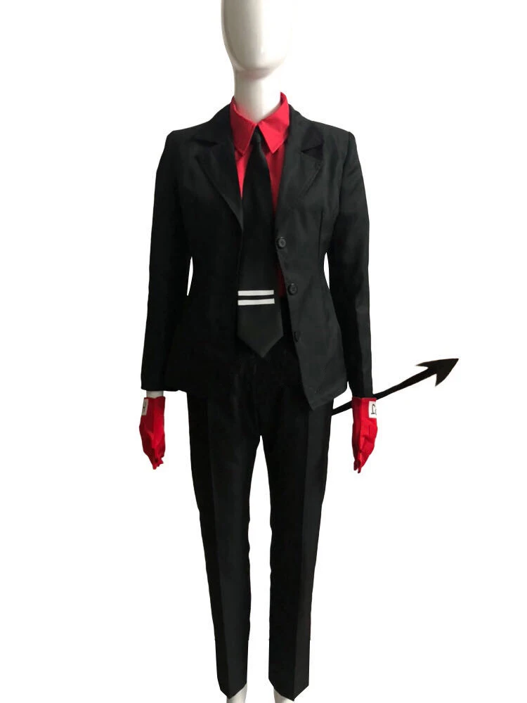 

Game Helltaker Lucifer demon Justice Cosplay Costume Adult Women Men Outfits Burgundy Red Shirt Pants Jacket Gloves Tail Hallowe