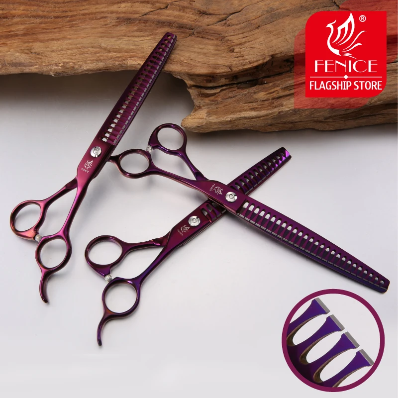 Fenice 7/7.5/8 inch Professional Purple Pet Scissors Thinning Shears High Quality Cat Dog Grooming Scissors Cutting Tool Tijeras