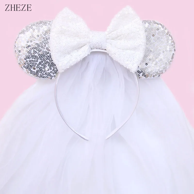 White Day Mouse Ears Headband With Veil Sequins 5\