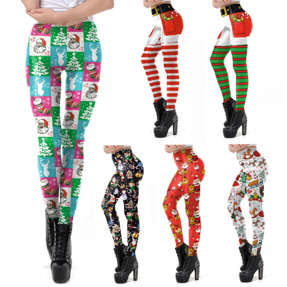 VIP FASHION Colorful Stripe Print Leggings Christmas Party Long Pants Women Costume Sexy Slim Mid-Waist Pants Xmas Legging