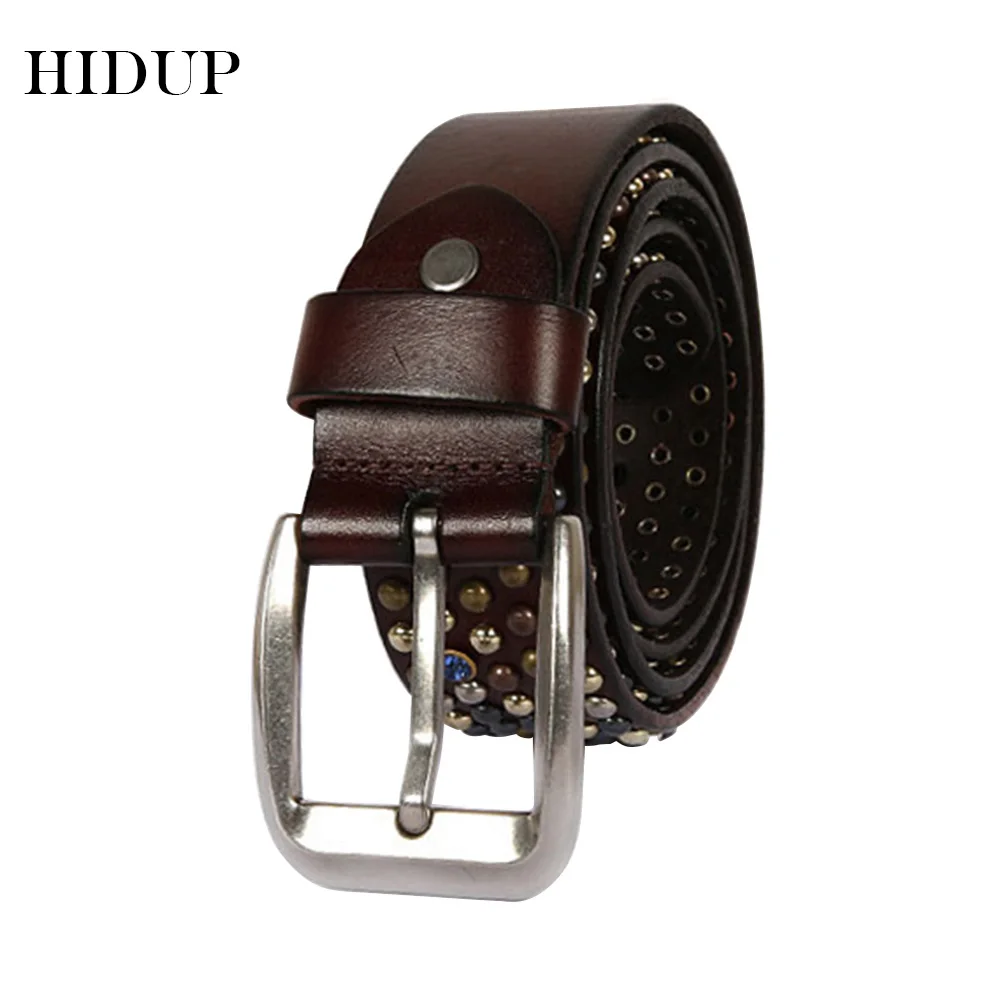 HIDUP Top Quality Cow Skin Leather Fashion Rivet Nails Belts Unique Design Pin Buckle Metal Belt for Unisex Accessories NWJ540