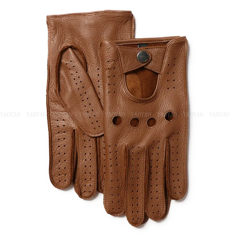 Deerskin Gloves Men Fashion 100 percent Genuine Leather Soft Mittens Male Black/Yellow Punch Holes Driving Luva Guantes Ciclismo