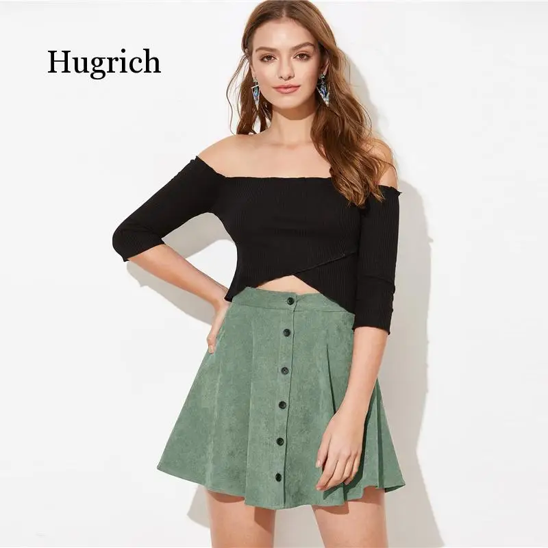 Solid Button Front Corduroy Casual Skirt Women Bottoms 2021 Autumn Streetwear High Waist Ladies Basic Short Flared Skirts