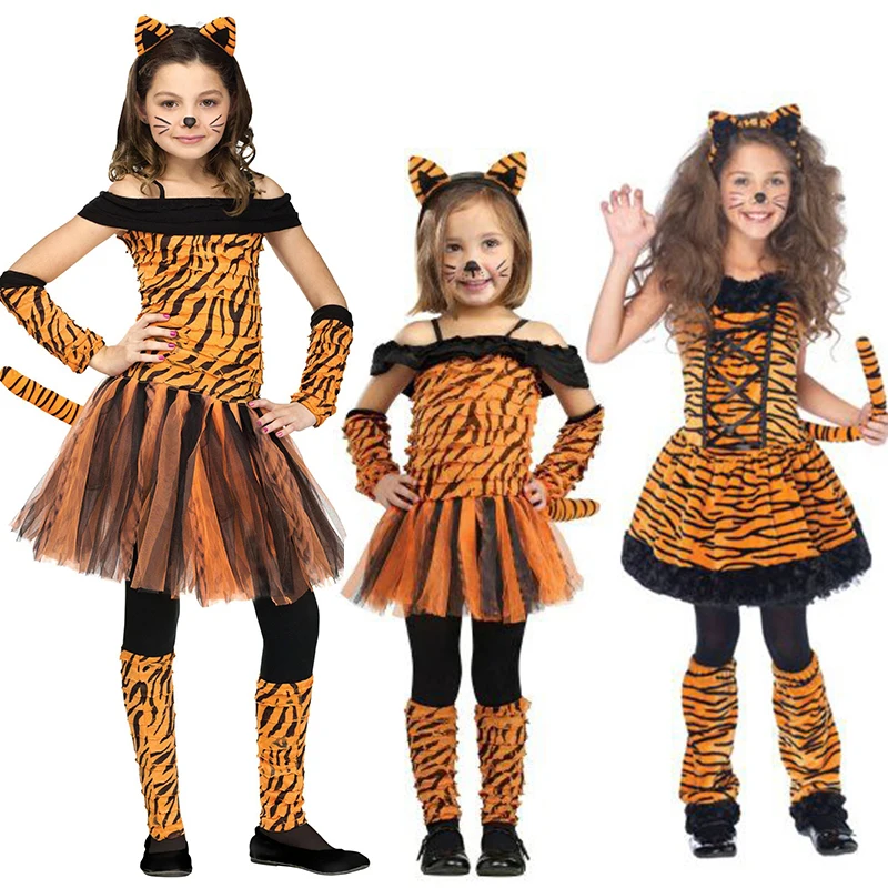 Reneecho Custume Kids Girl Tiger Fancy Dress Tiger Child Costume Halloween Purim Carnival Outfit Kids