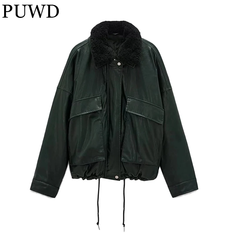 PUWD Casual  Women Dark Green Faux Fur Stitching Jacket 2021 Winter Warm Retro Detachable Fur Collar Loose Female Thick Outwear