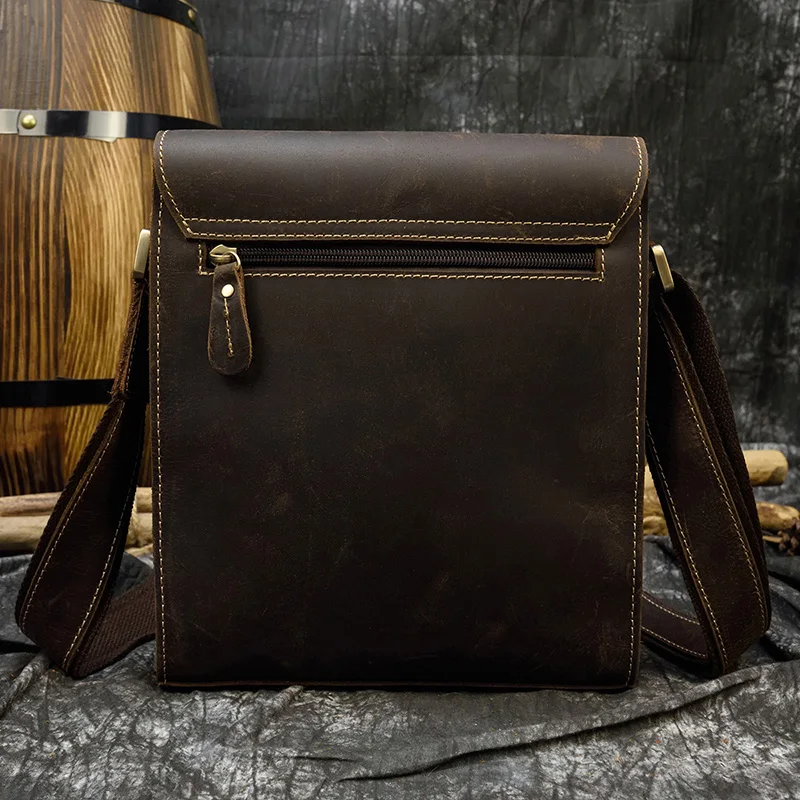 Men\'s Vintage Crazy Horse Leather Bag iPad Cow Leather Shoulder Bag Zip Around Casual Crossbody Bag Cowhide Briefcase Purse