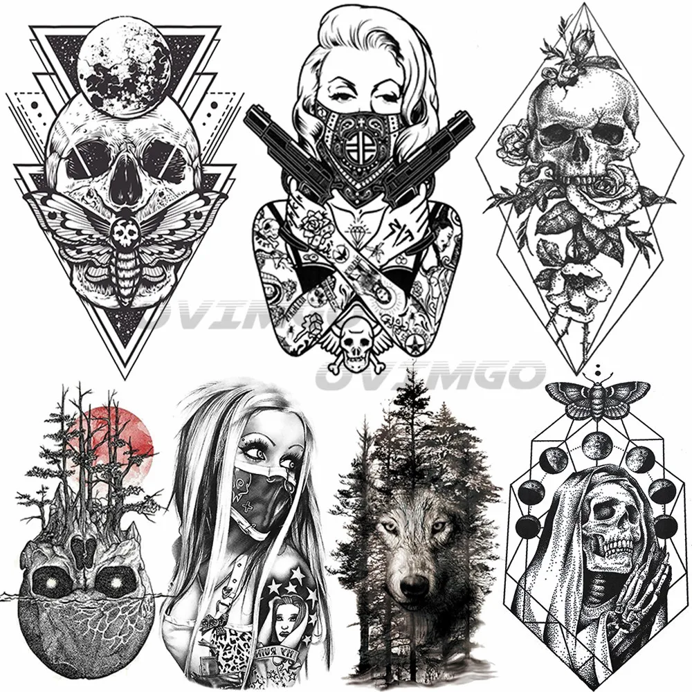 OMMGO 3D Rhombus Triangle Skull Nun Temporary Tattoo Sticker For Men Women Arm Leg Tatoo Paper Waterproof Body Art Black Tattoos