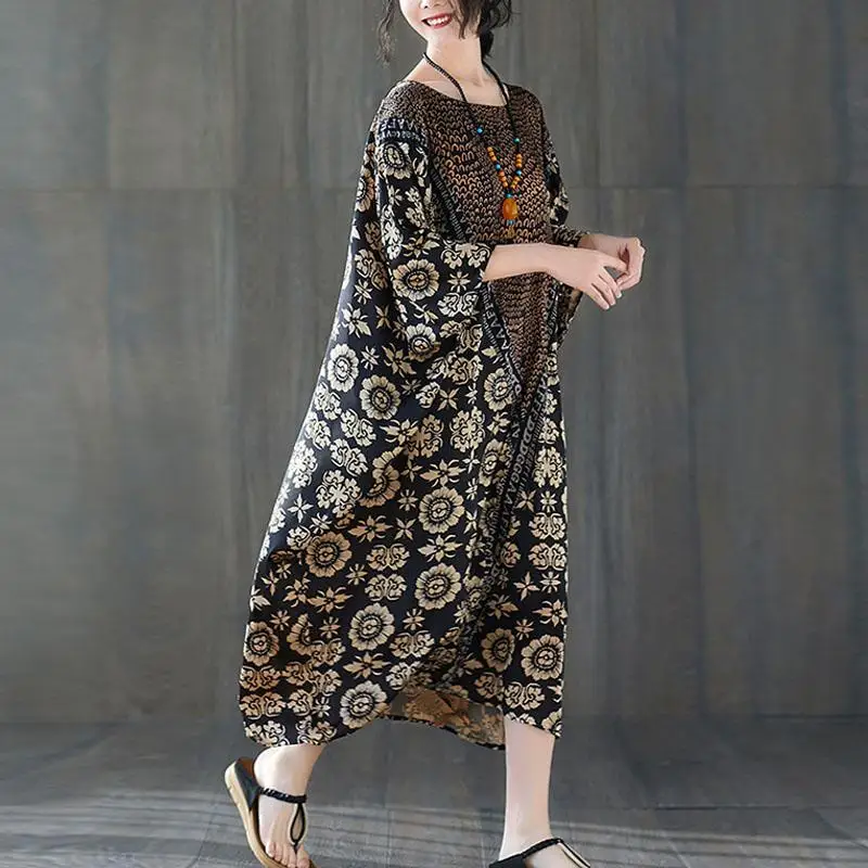 Oversized Satin Casual Dress Summer 2023 High Quality Vintage Floral Print Dresses for Women Batwing Long Dress