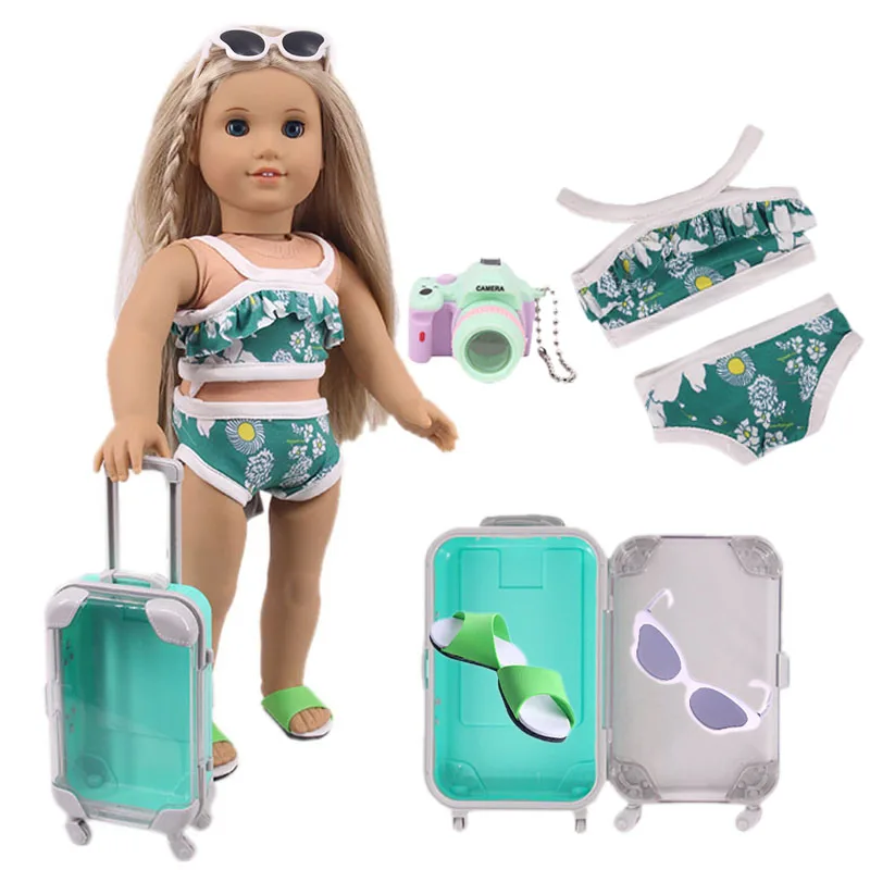 Doll Clothes 5Pcs/Set=Suitcase+Swimming Suits+Camera+Sunglasses+Slippers For 18 Inch American&43 Cm Baby New Born Doll Girls Toy