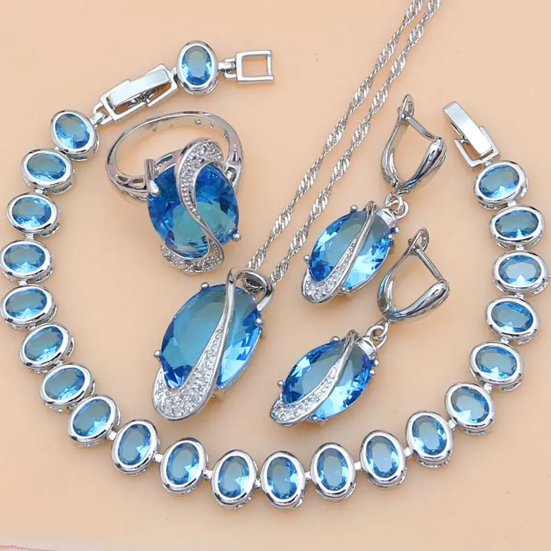 

925 Sterling Silver Jewelry Set Women Blue Cubic Zirconia Earrings/Pendant/Necklace/Rings/Tennis Bracelet