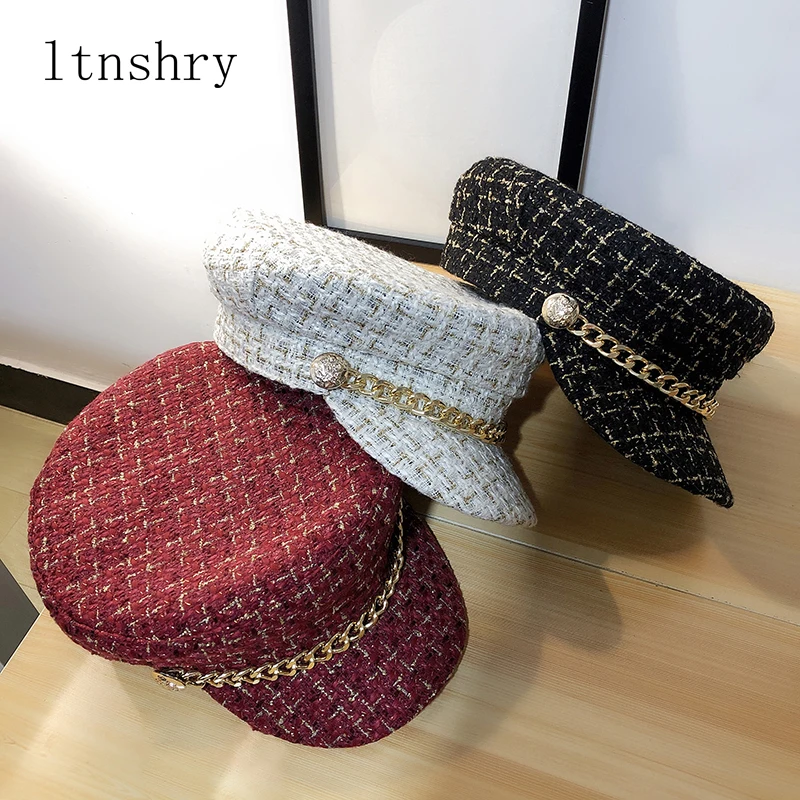 Autumn winter Thread fashion Berets Tweed Military Hat For Women Fashion Yacht Captain  Female skipper sailor Hat Newsboy Caps