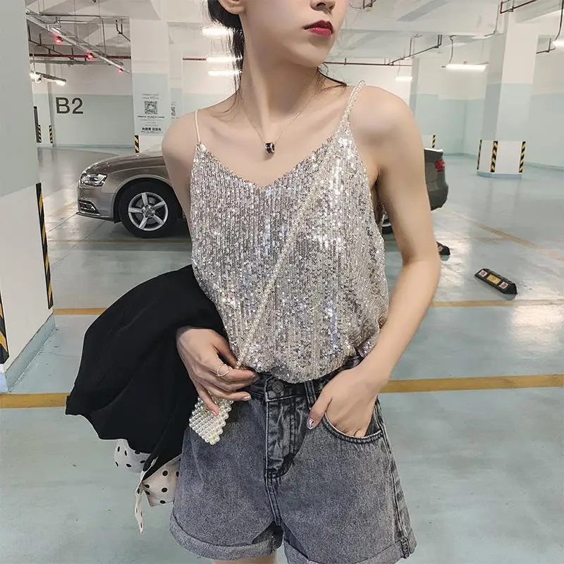 Shining Camisole Sequined Vest Sparkle Sequin Tank Glitter Party Tops Date Party Night Out Streetwear for Teens Girl Summer Tops