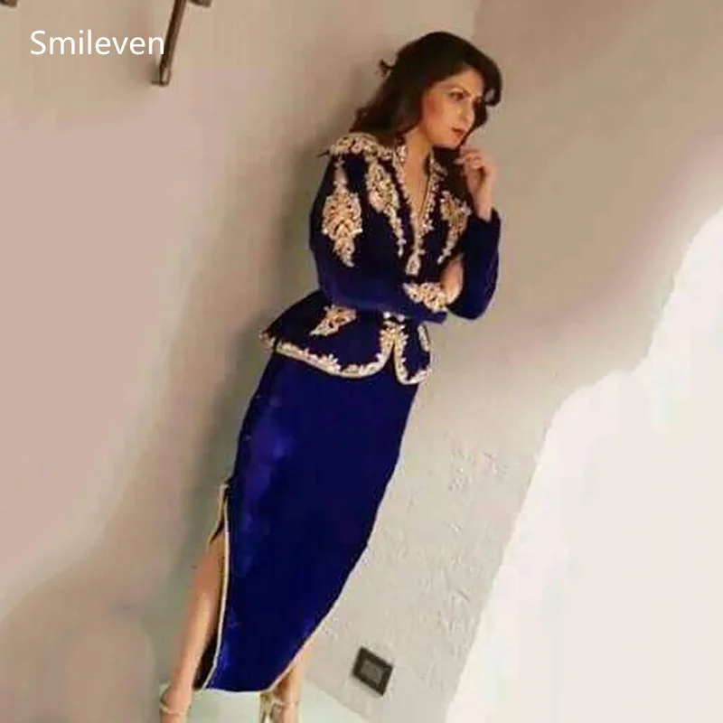 Smileven Royal Blue Karakou Algerian Caftan Evening Dresses Velvet Long Sleeve Detachable Belt Dubai Prom Party Gowns Customized