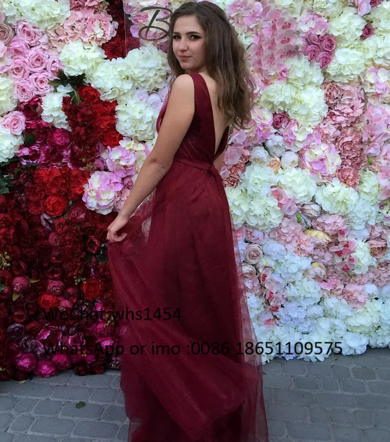 Elegant Chic Burgundy ชุดเพื่อนเจ้าสาวยาว2023 A-Line V-Neck ชุดเจ้าสาว Tulle Backless Robe Demoiselle D'honneur