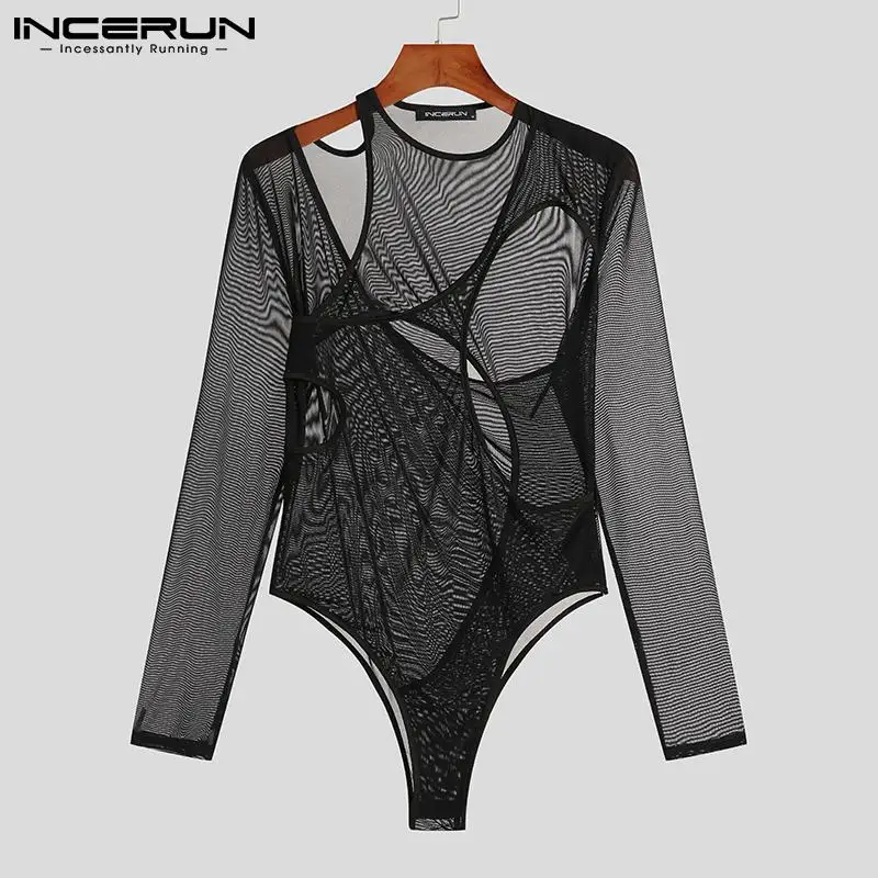 Men Mesh Bodysuits See Through Underwear O-neck Long Sleeve Sexy Hollow Out Irregular Rompers Pajamas Men Bodysuit S-5XL INCERUN