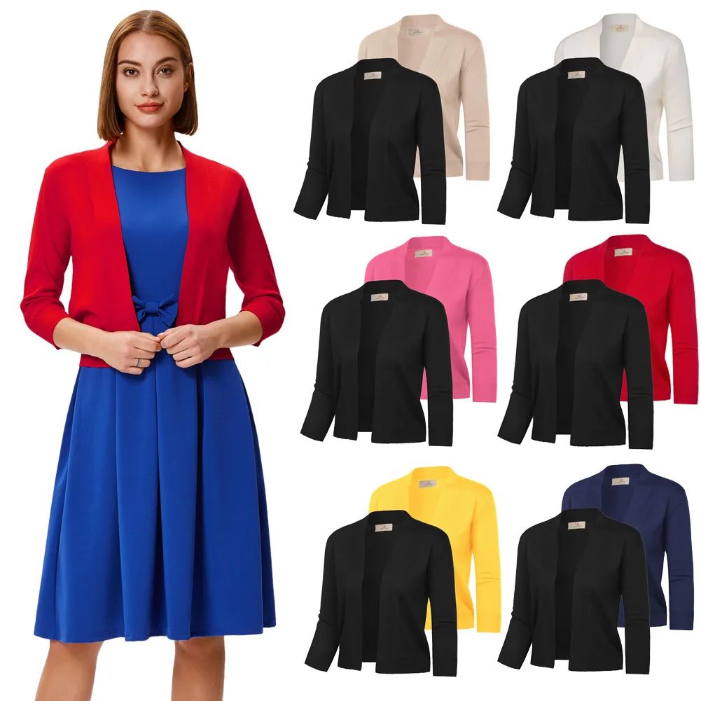 GK Women 2pcs-Pack Sweater Cardigan 3/4 Sleeve Open Front Cropped Knitwear Fashion Simple Solid Color V-neck Cardigan