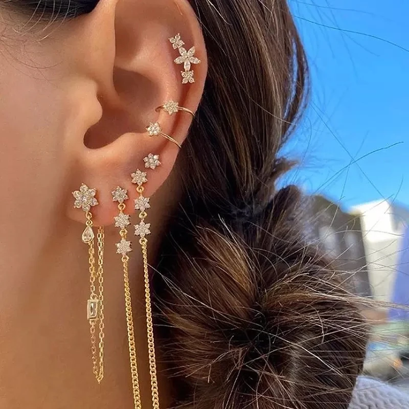 100% 925 Sterling Silver Cute Romantic Flower Tassel Stud Earring With Link Chain Lovely Daily Jewelry Girls Wedding Earrings