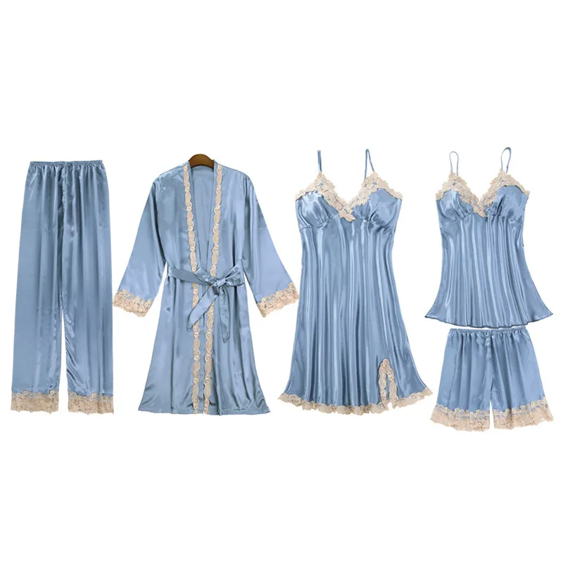 5PCS Sleepwear Sexy Satin Pajamas Women Soft Nightwear Pyjamas Lace Intimate Lingerie Patchwork Robe Kimono Bathrobe Gown Set