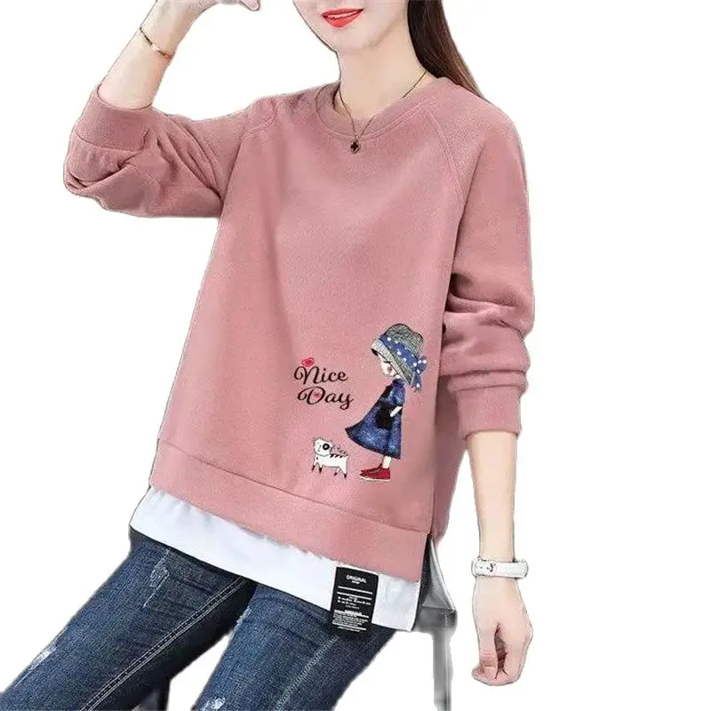 

Fake Two Pieces Hoodie Female Spring Autumn New Loose Round Neck Long Sleeve Ladies' Tops Printing Miss Student Coat