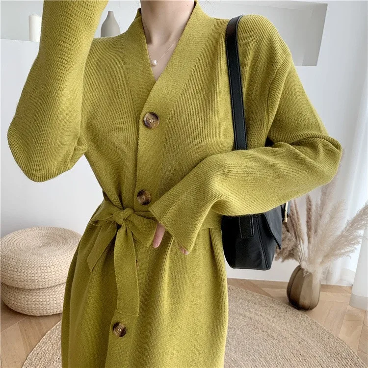 Elegant V-neck Single-breasted Knitted Midi Dress Women Thicken Sweater Dress Winter Knitted Belted Bottoming Dresses Vestidos