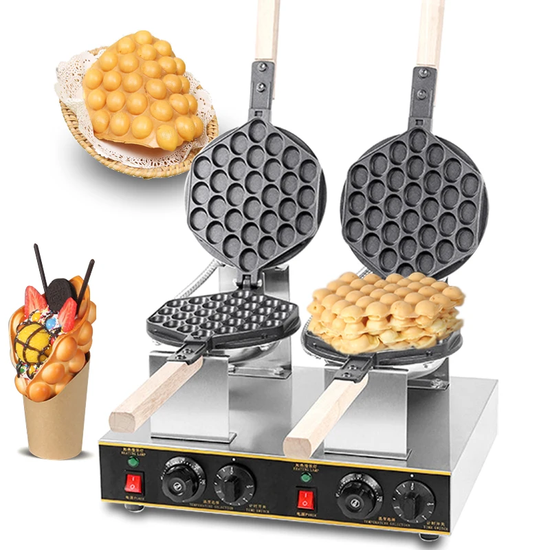 Komercyjna elektryczna podwójna głowica 110V 220V non-stick bubble egg maszyna do robienia gofrów eggettes bubble puff piec do pieczenia