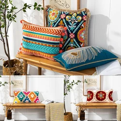 Vintage Bohemian Style Tufted Lumbar Pillow for Case, Embroidered Alpaca, Geometric Floral Pompom, Tassels Throw Co