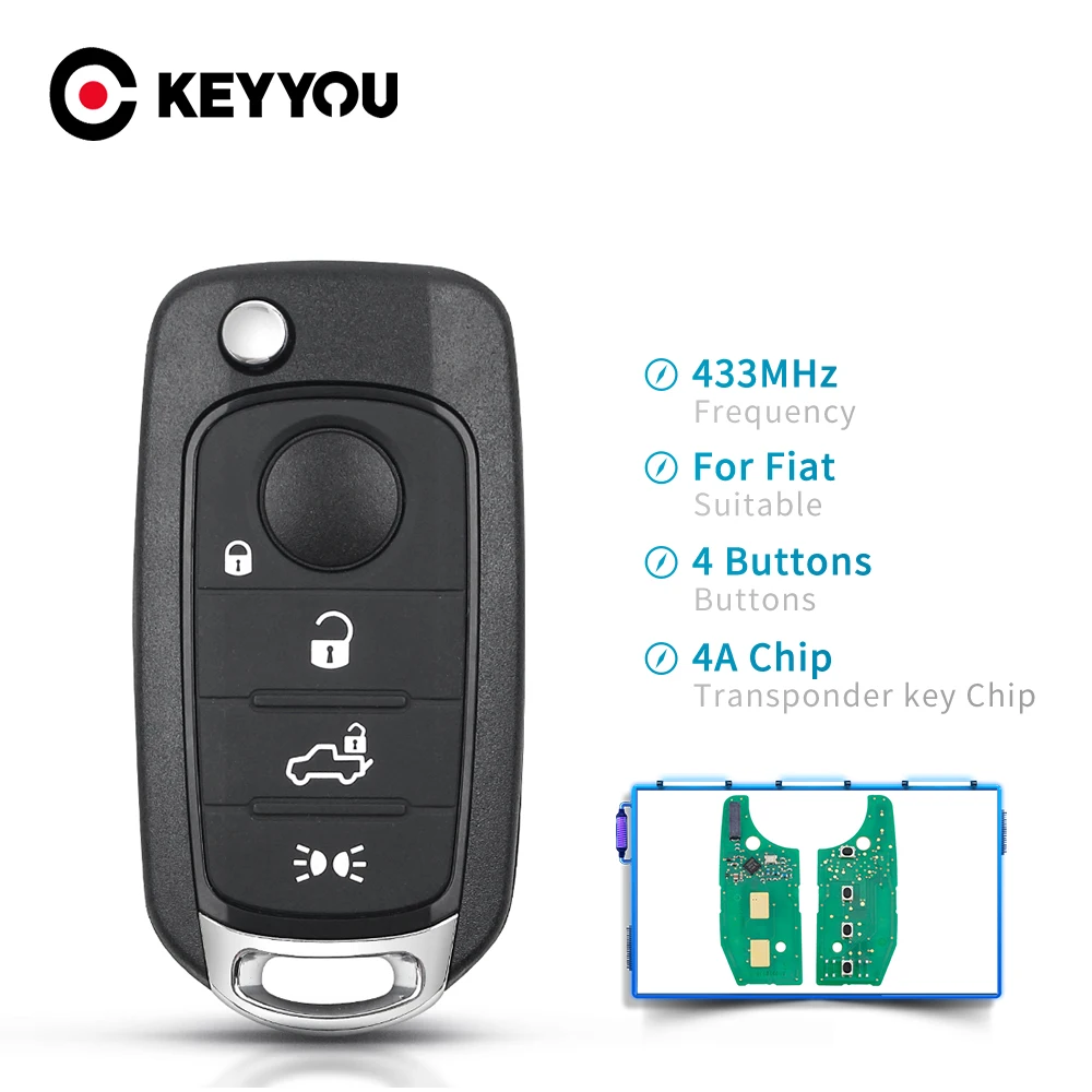 

KEYYOU 3/4 Buttons For Fiat 500X Egea Tipo 2016-2018 With Uncut SIP22 Blade 433Mhz 4A Chip Remote Flip Car Key Fob