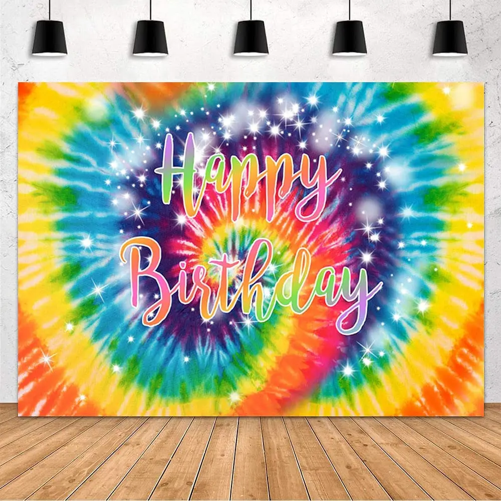 Tie-Dye Birthday Backdrop 60's Hippie Theme Party Decoration Sign Rainbow Birthday Photography Background Banner Of Cake Table