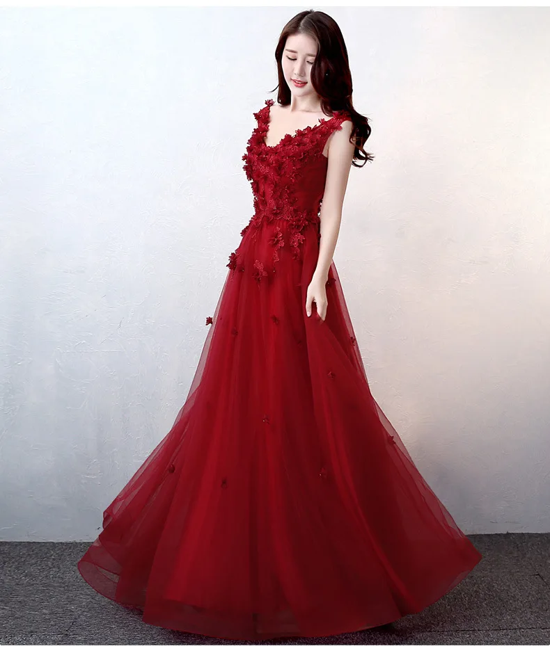 

Wedding Dress Cheongsam Sexy V-Neck Applique Prom Dress Women's Elegant Temperament Bride Sleeveless Long Burgundy Gauze Skirt