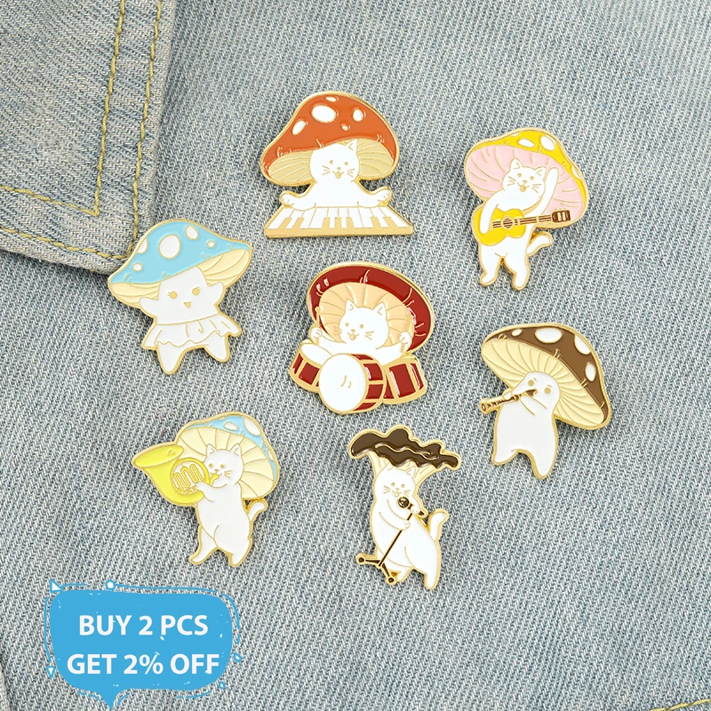 Love you so MUSH ! 7 Styles Mushroom Cutie Band Enamel Pins Singing Cat Lapel Badges Brooches for Music Lover Women Jewelry