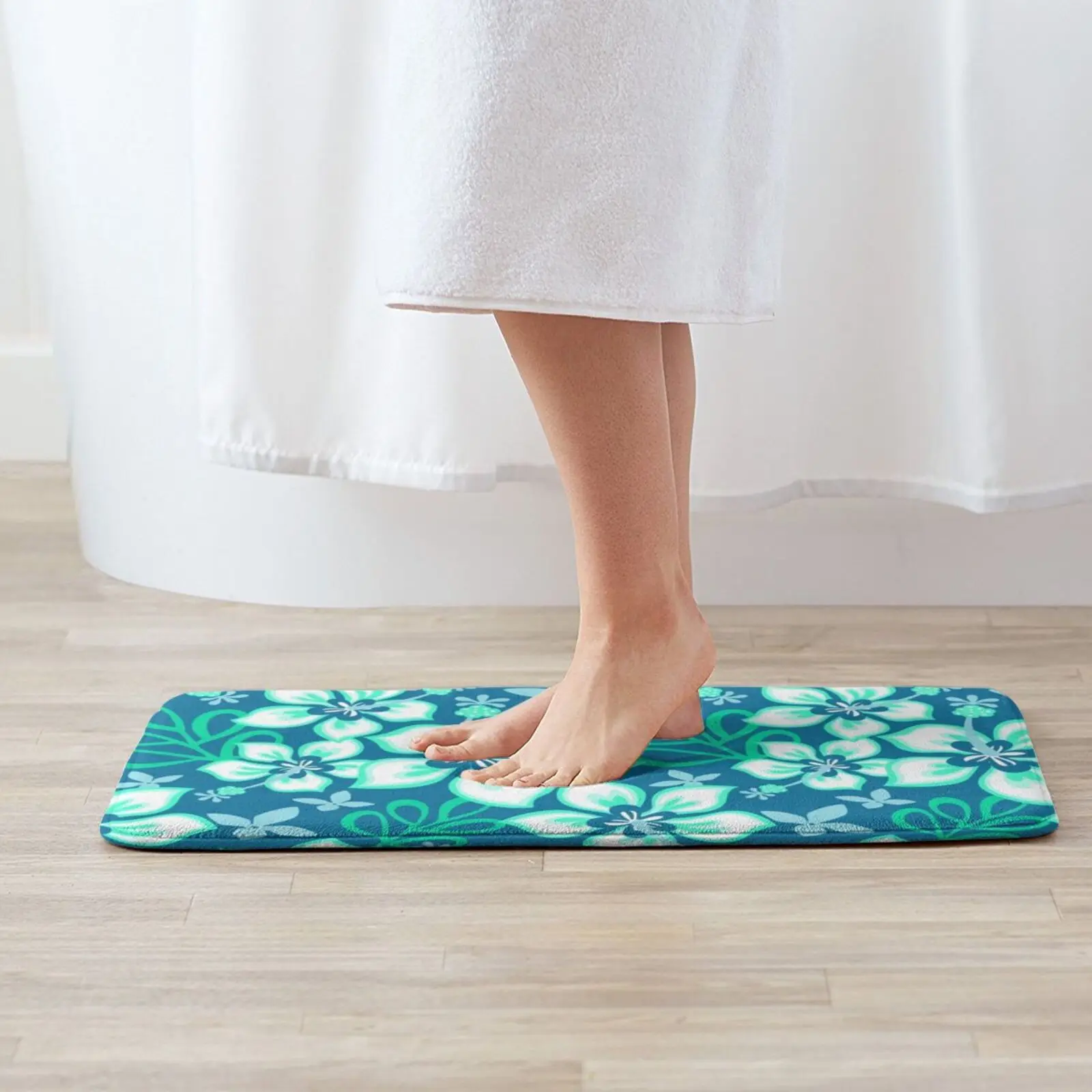 Aqua And White Hawaiian Hibiscus Flower Bloom Pattern On Blue Mat Rug Carpet Anti-Slip Floor Mats Bedroom Botanical Leaf Leaves