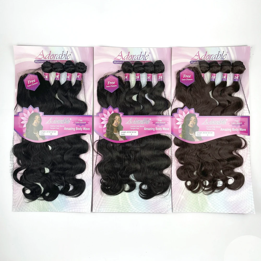 Paquetes de cabello sintético Adorable, paquete completo de solución, hecho a máquina gratis, cierre de encaje 4x4, 24 pulgadas, negro, onda corporal increíble, 4 piezas