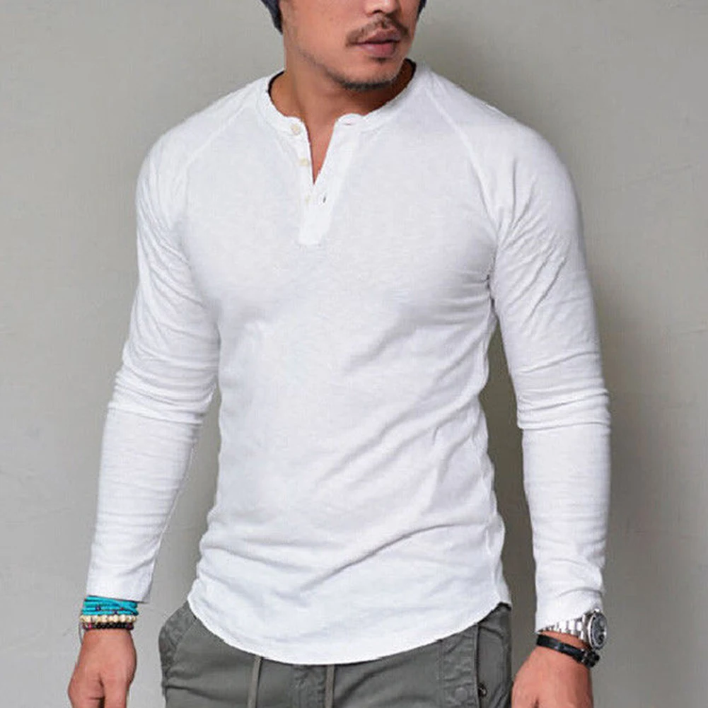 Men Casual Solid Color O Neck Long Sleeve Buttons Plus Size Slim Blouse T-shirt