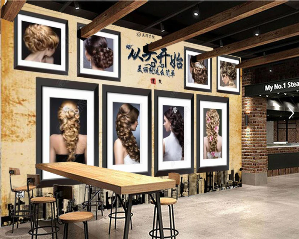 

Papel de parede Custom Wall Paper 3D European Retro Barber Shop Hair Salon Background Mural Wallpaper 3D Industrial Decor Murals