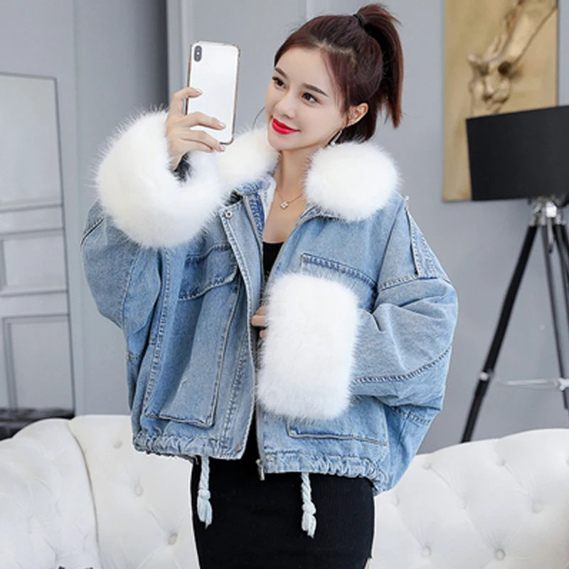 Winter Short Denim Jacket Coat Women New Korean Fashion Loose Thick Large Fur Collar Solid Color Outerwear