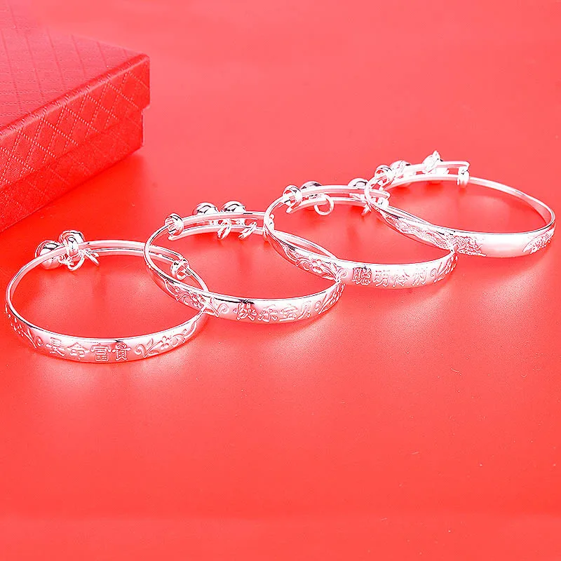 OMHXZJ Wholesale BA180 European Fashion Baby Kids Party Birthday Gift Good Wish Health Wise S999 Sterling Silver Bracelet Bangle