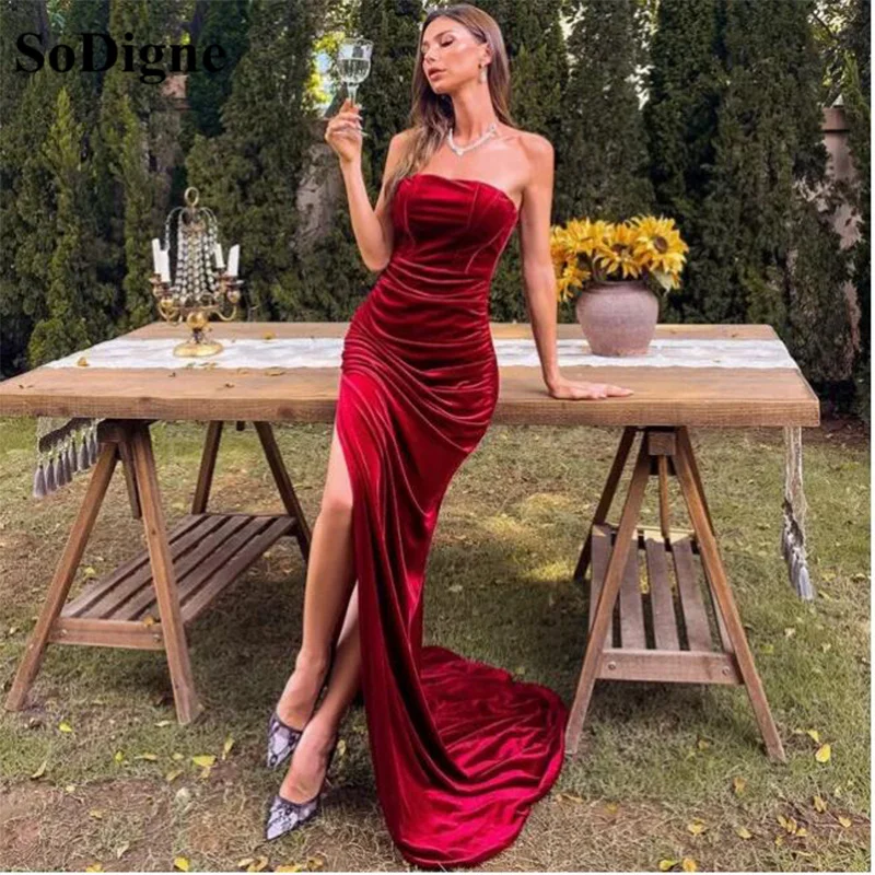 

SoDigne Wine Red Mermaid Velvet Prom Dresses Sexy High Waist Side Slit Evening Dress Elegant Female Party Wear Gown