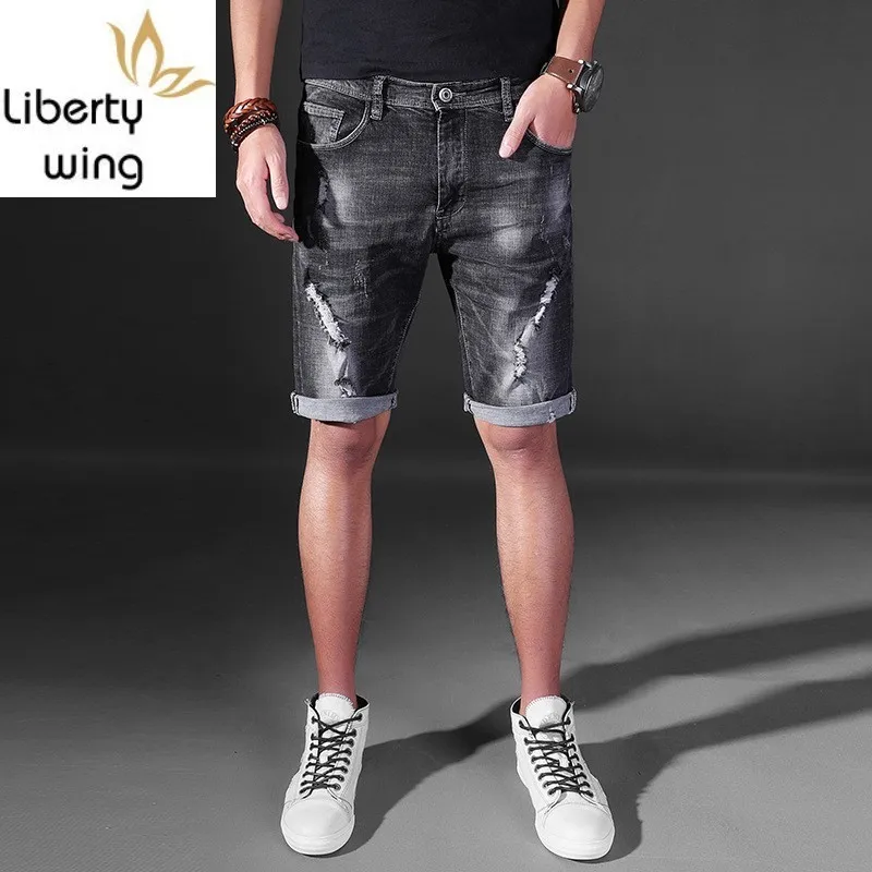 

Mens Short Hot Fashion Summer Distressed Motor Man Soft Cotton Denim Knee-Length Vintage Slim Fit Jeans Trouser Male