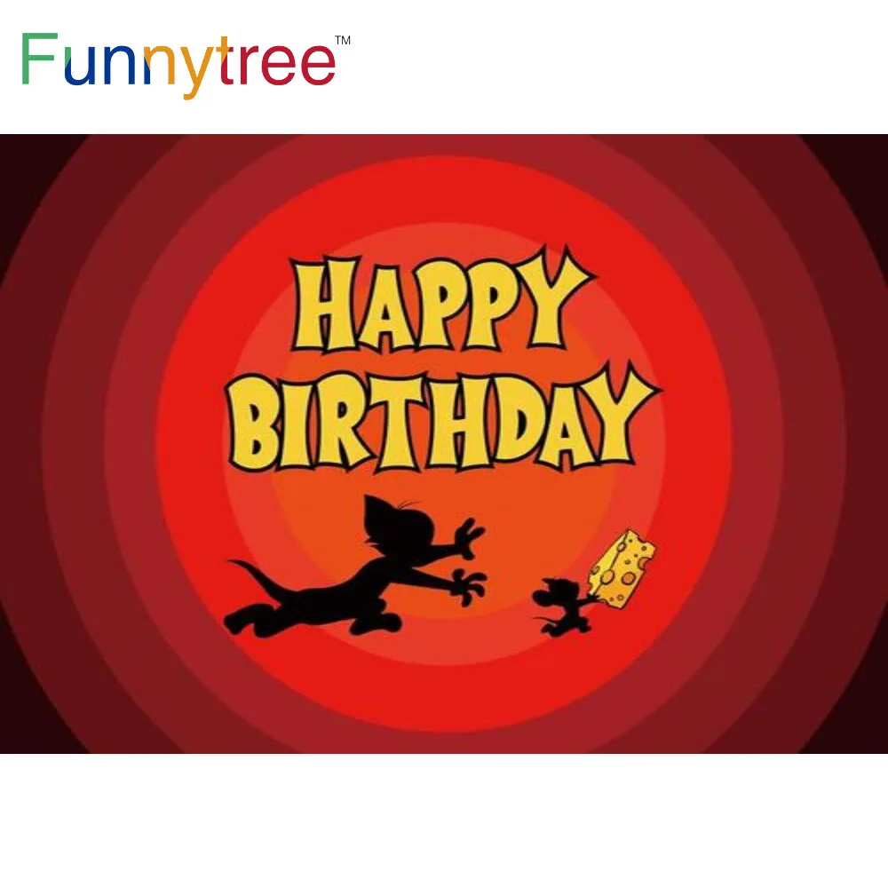 

Funnytree Happy Birthday Cartoon Theme Party Backdrop Mouse Cheese Cat Baby Shower Custom Poster Photography Background Banner