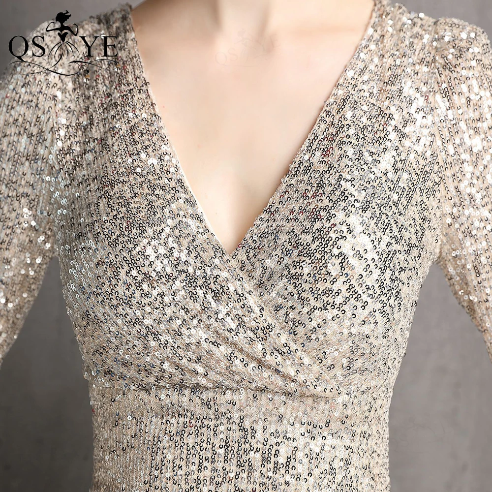 Robe de Soirée Courte à Paillettes pour Femme, Tenue de Bal de Forme Sirène, Manches Mi-sulf, Col en V, Argent, Tkle