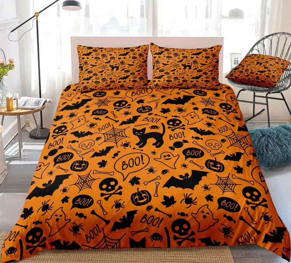 

3pcs Halloween Bedding Set Orange Quilt Cover Bats Skull Duvet Cover King Dropship Spider Bed Set Black Cartoon Kids Boys Girls