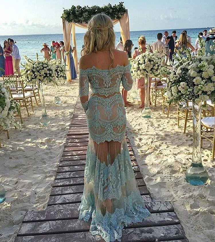 Turquoise 2020  Prom Dresses Mermaid Long Sleeves Sleeves Lace Party Maxys Long Prom Gown Evening Dresses Robe De Soiree