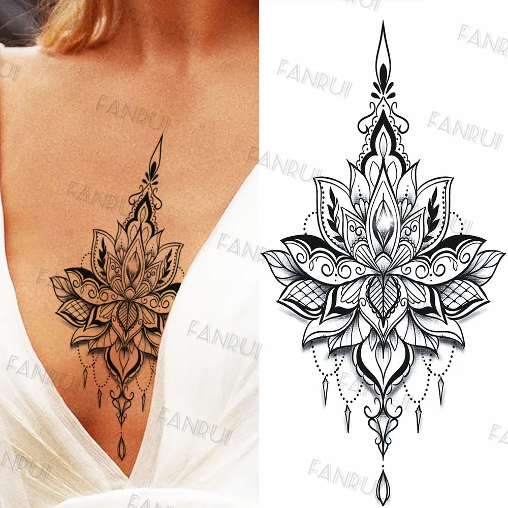 Sexy Black Mandala Flower Temporary Tattoos For Women Girls Henna Tatoos Paper Fake Jewelry String Snake Flower Tattoo For Party