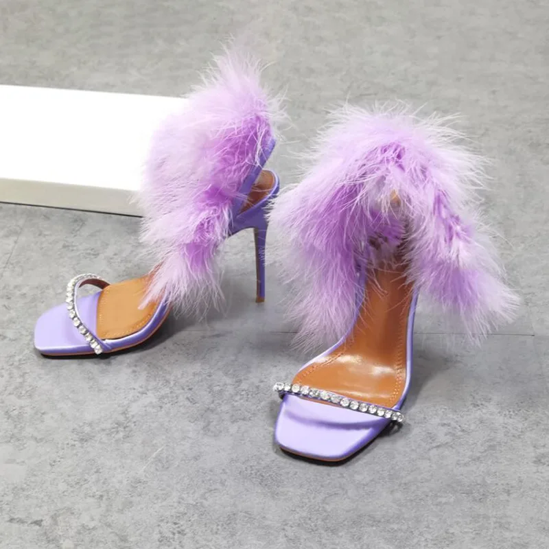 Bling Rhinestone Open Toe Mauve Brid Feather Wrapped Sandals One Strap Thin Heel Women Fluffy Fur Banquet Dress High Heels